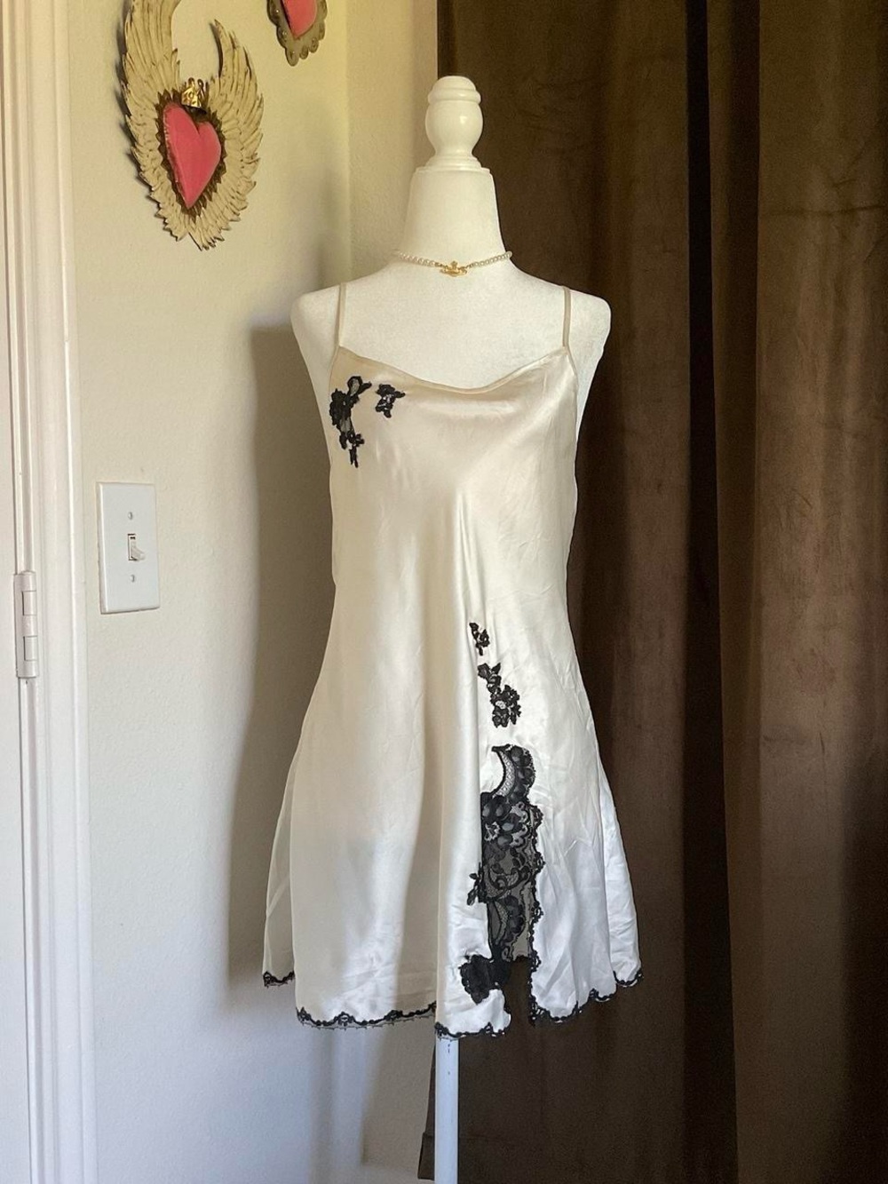 Victoria’s Secret Ivory Slip Dress with Black Lace Appliqué Medium